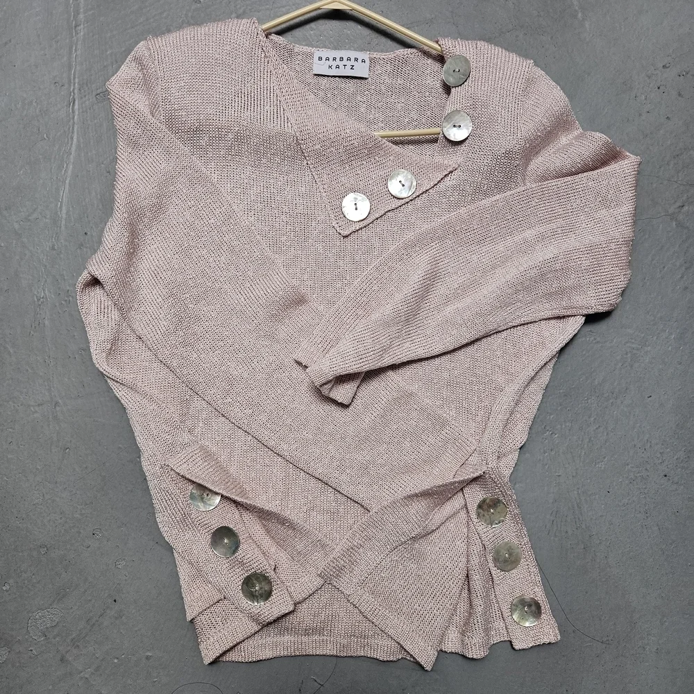 Vintage Barbara Katz Feather Pink Sz M Lenin Blend Knit Bliuse Shell Button - Picture 16 of 16